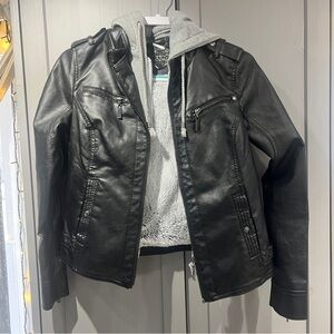 Black Faux Leather Jacket with Gray Hoodie joujou medium womens